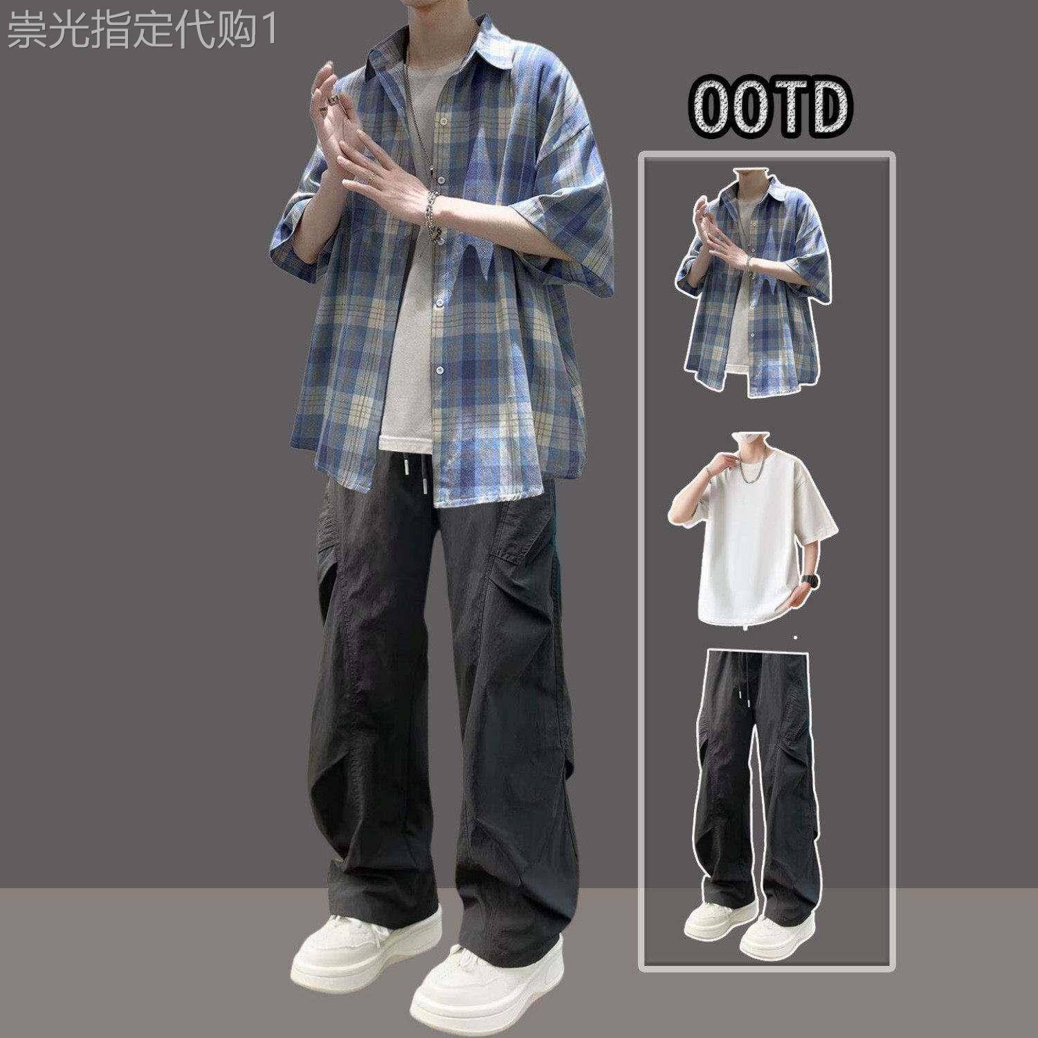 格子衬衫套装男夏季美式复古潮牌宽松痞帅短袖长裤男装穿搭一整套