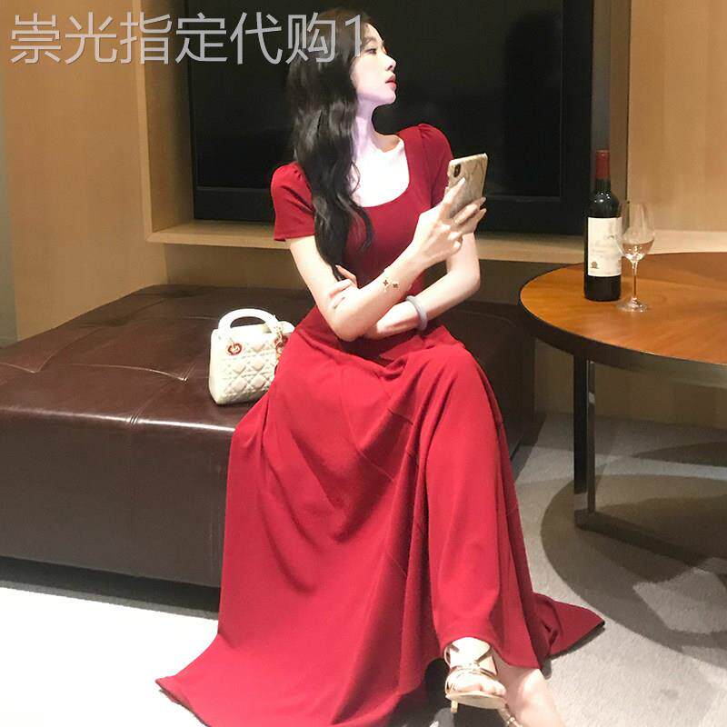 法式复古短袖红色洋装女夏季2026新款气质轻奢高级感收腰长裙子