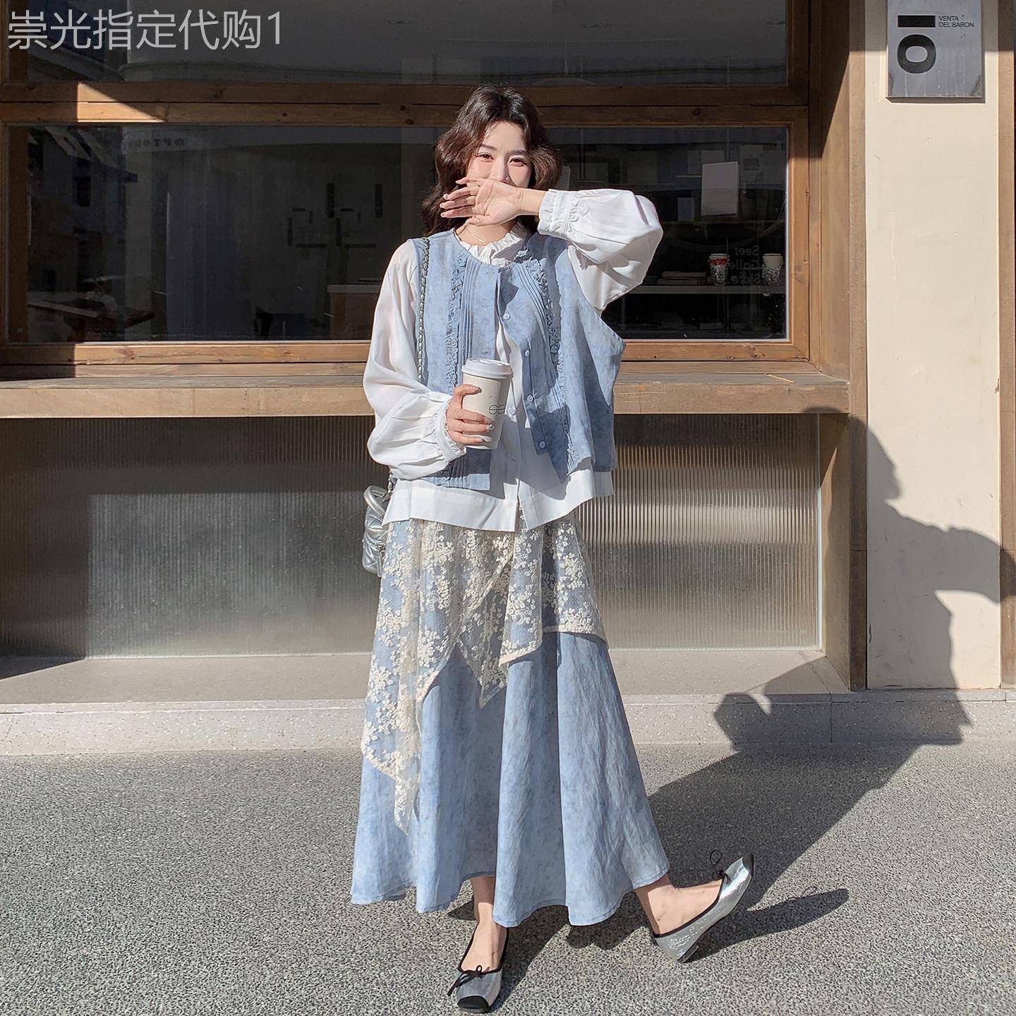 日系休闲范马甲宽松衬衫半身裙套装2026春季新款设计感显瘦三件套