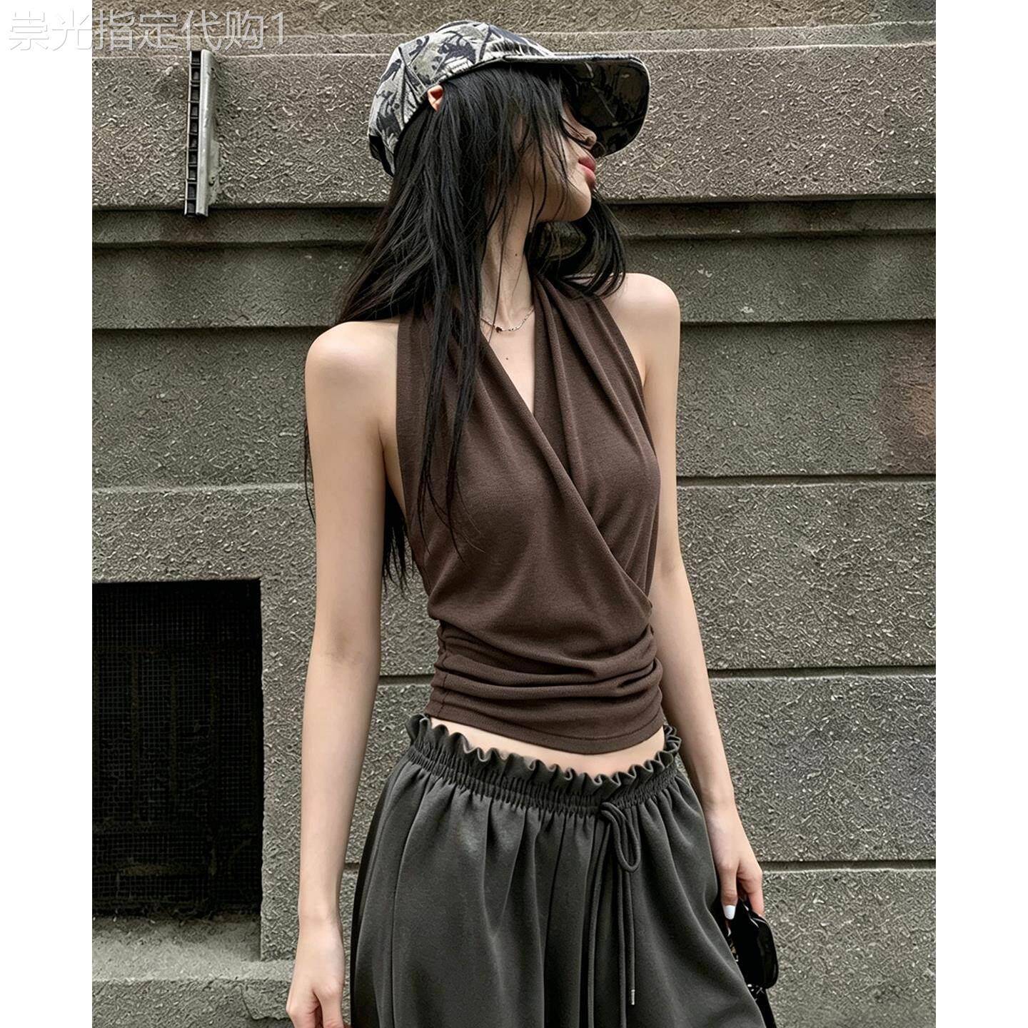 夏季褶皱修身内搭打底美背外穿上衣法式高级感V领挂颈吊带背心女