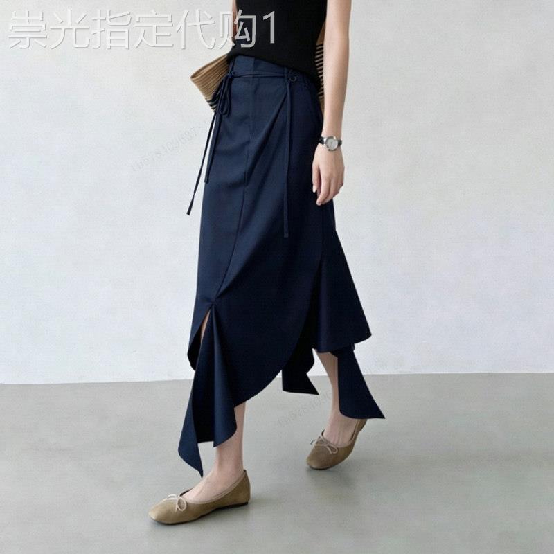 深蓝色不规则半身裙女2026夏季新款高腰系带优雅风宽松显瘦A字裙