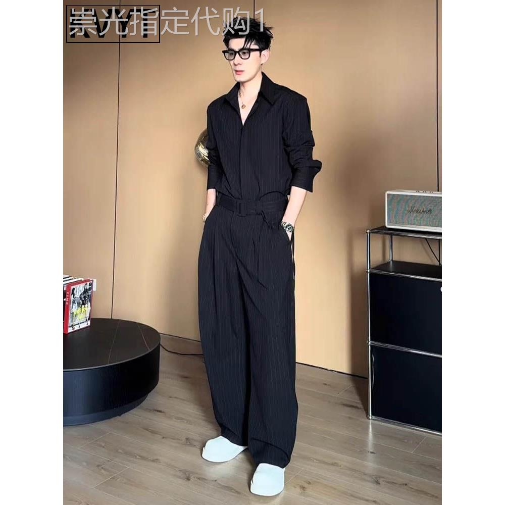 潮牌男士高级松弛感穿搭套装秋夏款竖条纹设计衬衫英伦西裤一整套