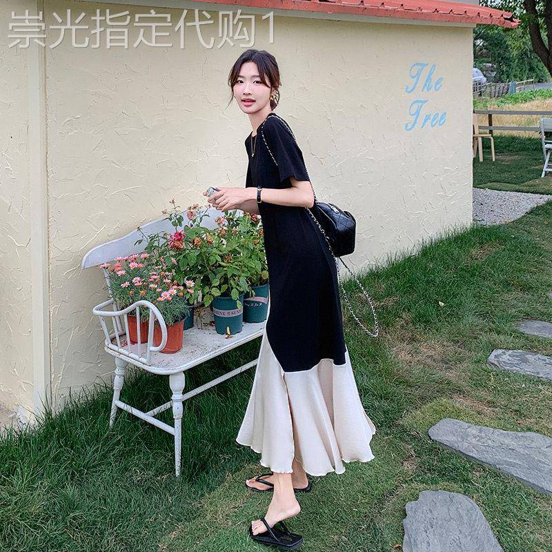 黑色T恤拼接连衣裙女夏2025新款轻熟风不规则设计感气质显瘦长裙