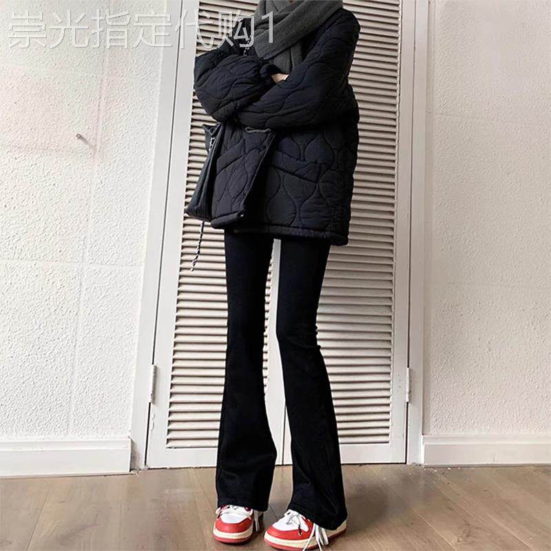 黑色加绒加厚微喇牛仔裤女冬季新款小个子喇叭裤不贴腿拖地马蹄裤