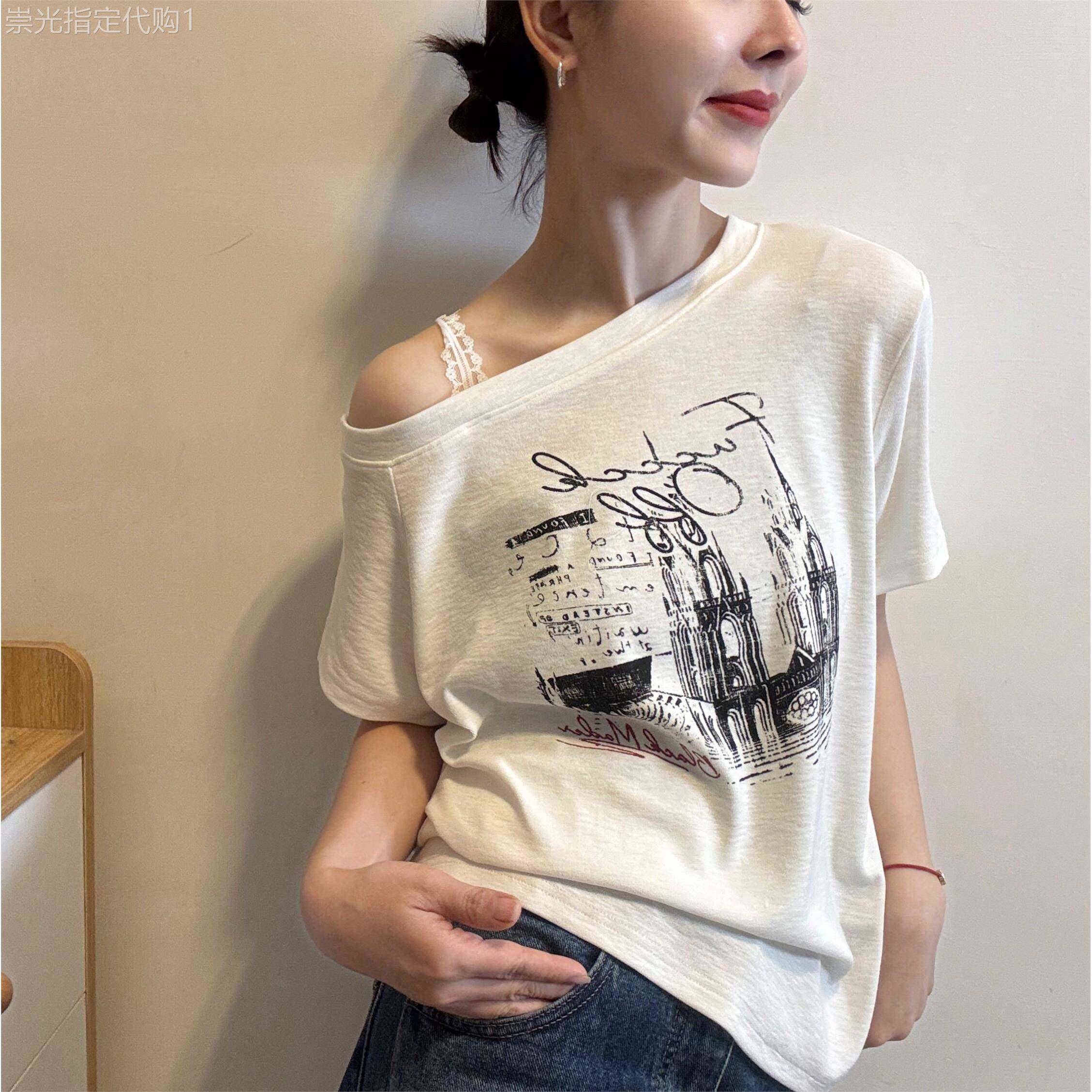 韩系薄蕾丝露肩休闲慵懒风斜肩一字领短袖T恤女印花宽松显瘦上衣