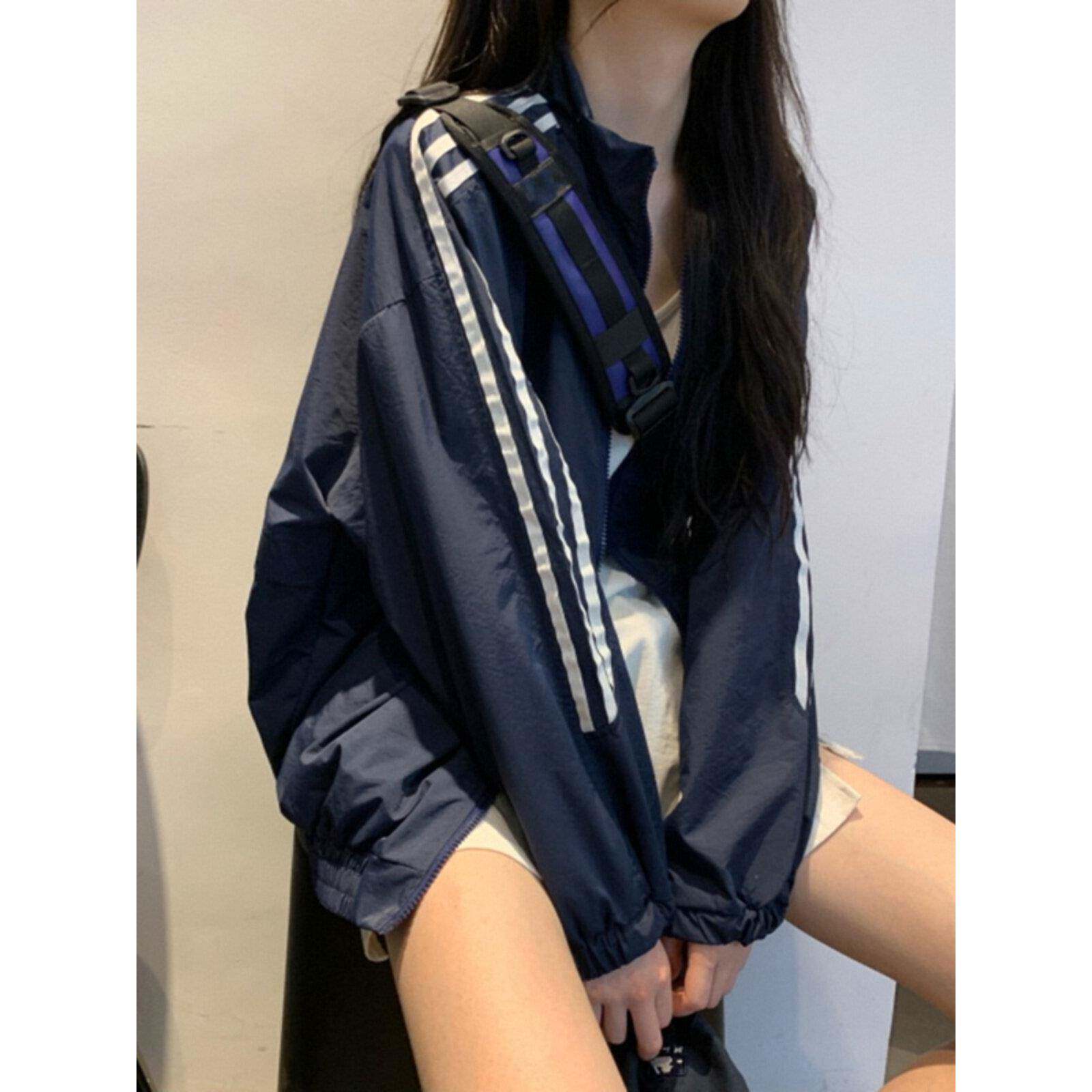 对比色运动服女子秋季棒球制服薄防风夹克工作服夹克防晒开衫条纹