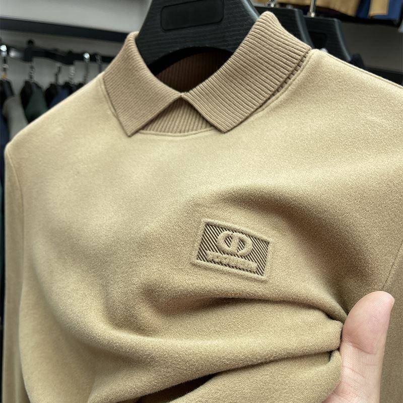 MAROLIO~上身有档次！高端双面德绒打底衫春秋季翻领长袖厚棉T男