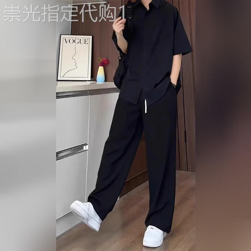 冰丝速干休闲套装男士2025新款夏季薄款短袖衬衫裤子搭配一套男款