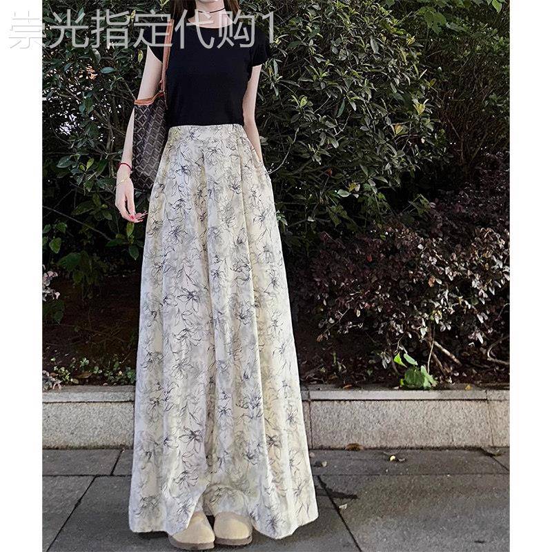 雪纺阔腿裤女夏季2026新款高腰宽松直筒高个子加长印花拖地休闲裤