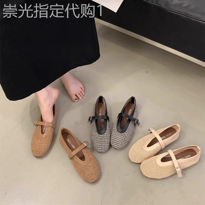 潮牌圆头浅口低跟单鞋女新款欧美复古奶奶鞋外穿手工针织乐福鞋夏
