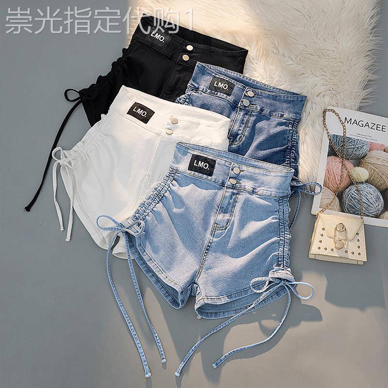 绑带抽绳牛仔短裤女直筒垂感夏季薄高腰显瘦修身弹力百搭阔腿热裤