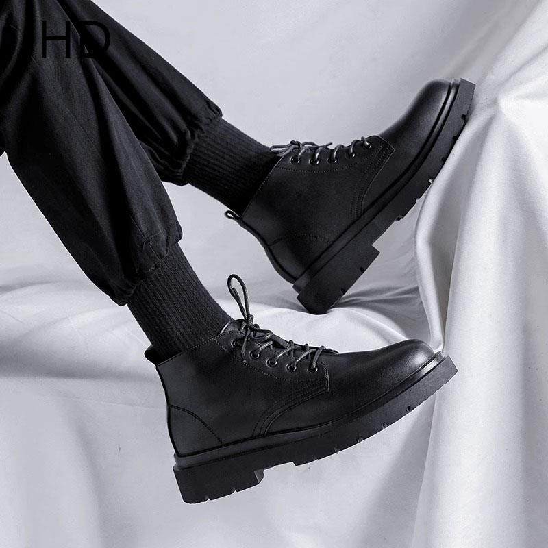 马丁靴秋季低帮中帮皮鞋男款商务黑色高帮英伦百搭软皮覆古短靴子