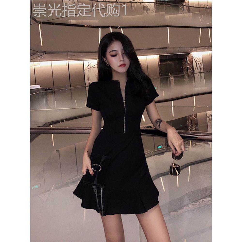 欧洲站新款法式复古高级感赫本小黑裙荷叶边收腰黑色洋装女夏季