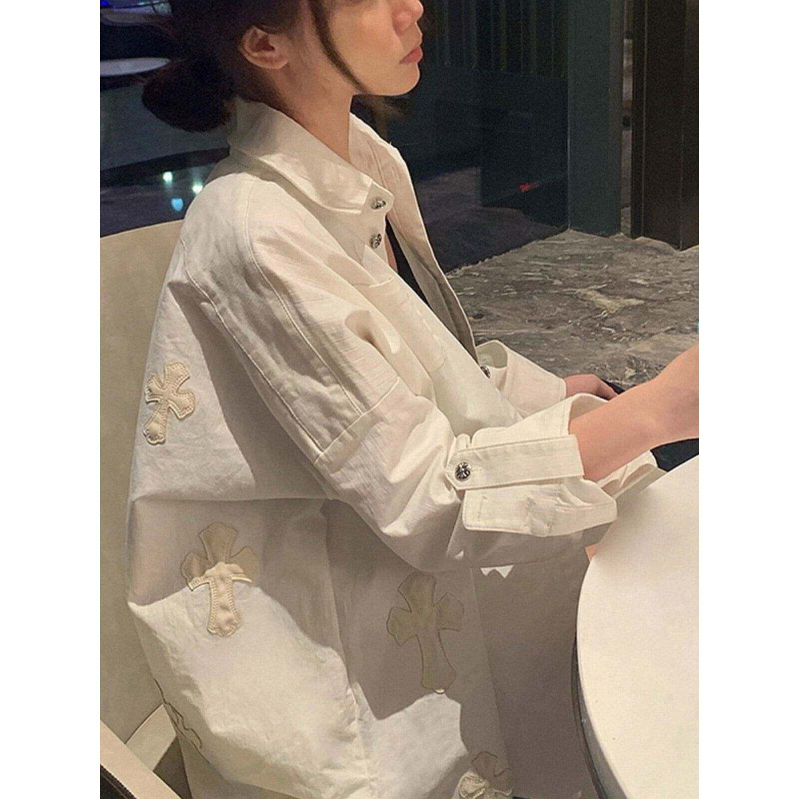 白色衬衫女春秋深圳欧货长袖上衣十字架开衫拼皮刺绣衬衣潮牌外套