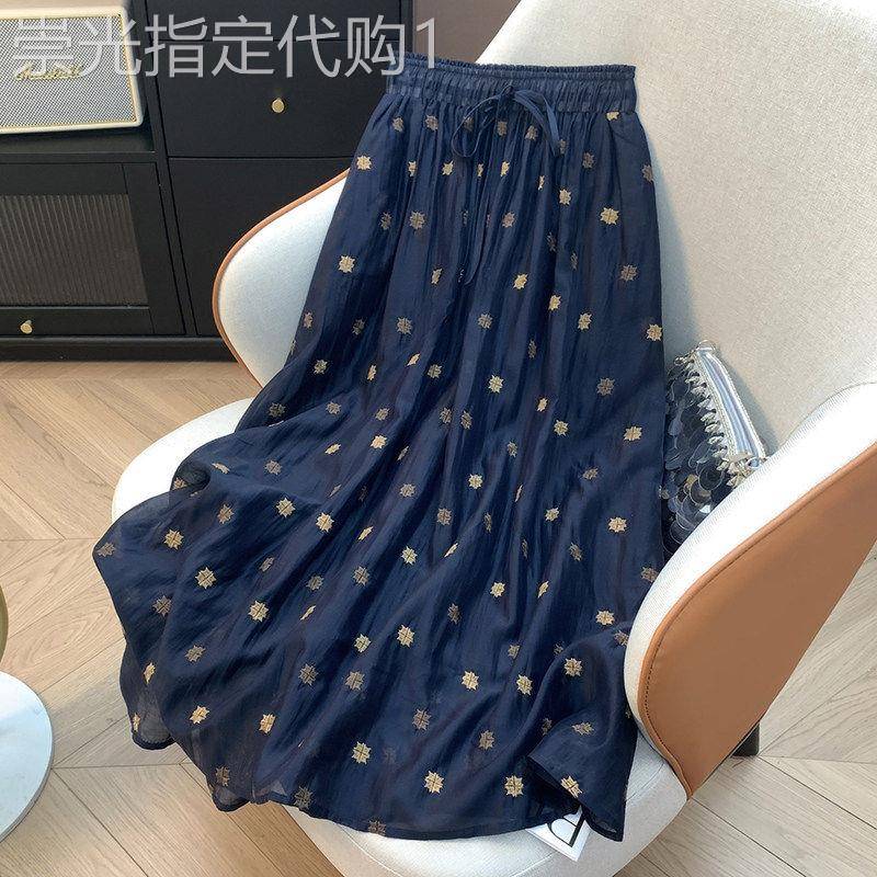 蓝色刺绣半身裙女夏季薄款2026新款大尺码胖mm文艺复古中长版雪纺