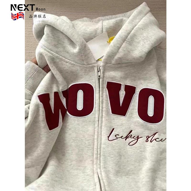 Next Moon英国联名美式复古卫衣女春秋冬款加绒加厚连帽开衫外套