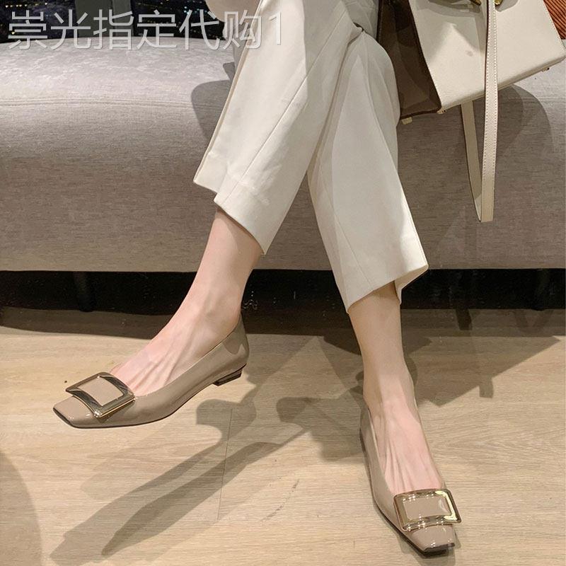 法国女方扣平底鞋2025春秋季新方趾浅口漆皮低跟女鞋通用平底鞋工