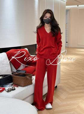 RIXO DORE法式盐系轻熟高级感红色针织衫女上衣阔腿裤子两件套装