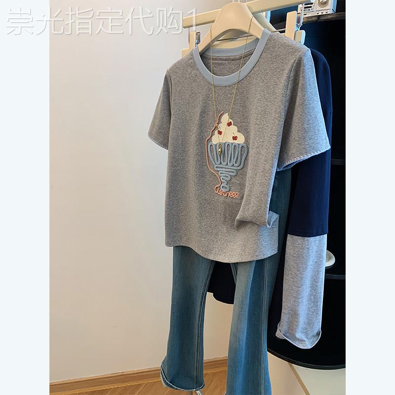 灰色冰淇淋植绒正肩短袖t恤女夏2026新款撞色显瘦减龄上衣设计感
