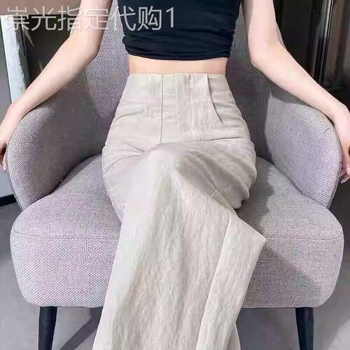 天丝棉麻西装阔腿裤女夏季冰丝亚麻镰刀裤小个子休闲裤直筒长裤子