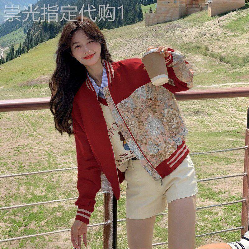 红色新中式刺绣拼接棒球服女2026春季新款减龄小个子休闲短外套潮