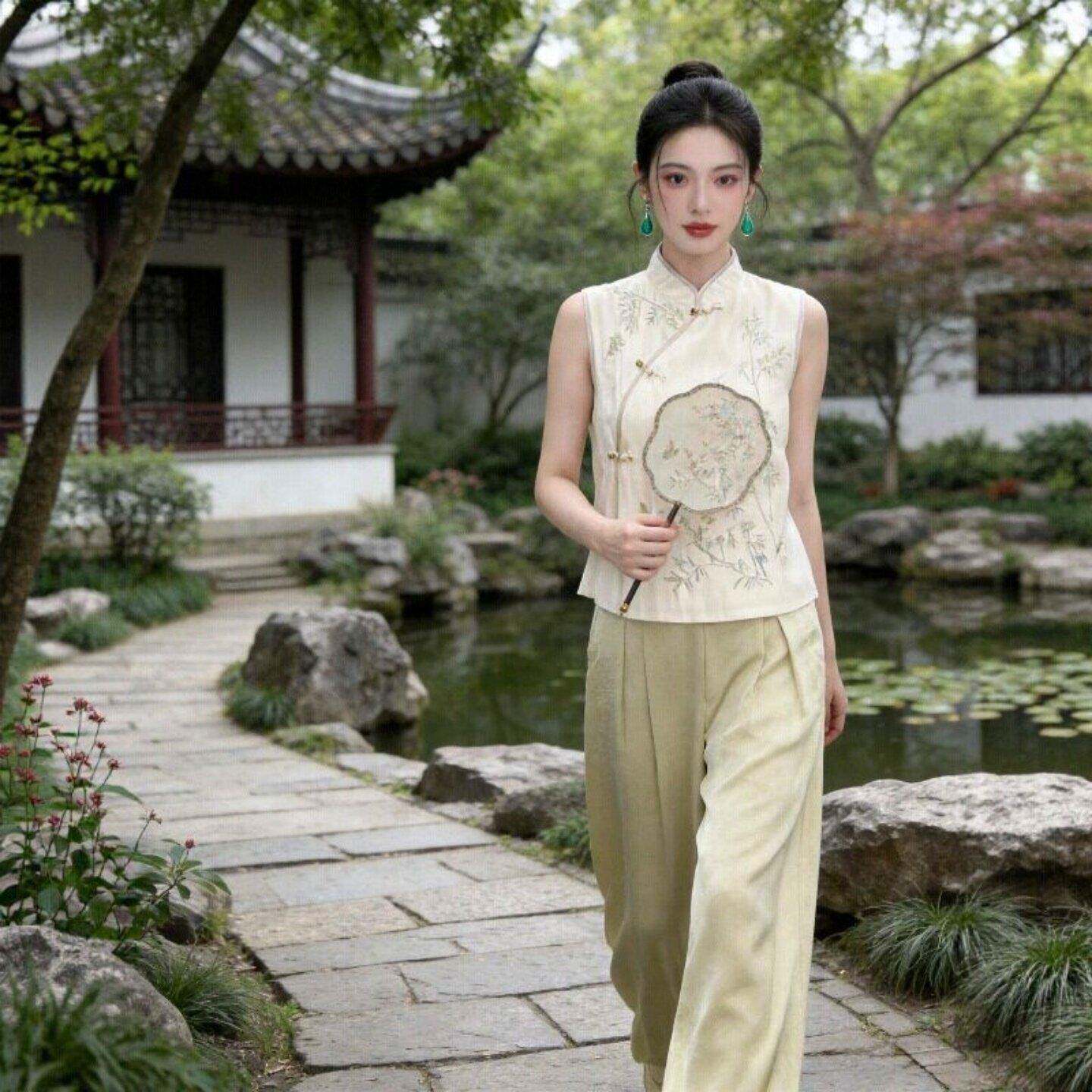 新中式国风套装女装夏季2026新款高级感立领无袖上衣阔腿裤两件套