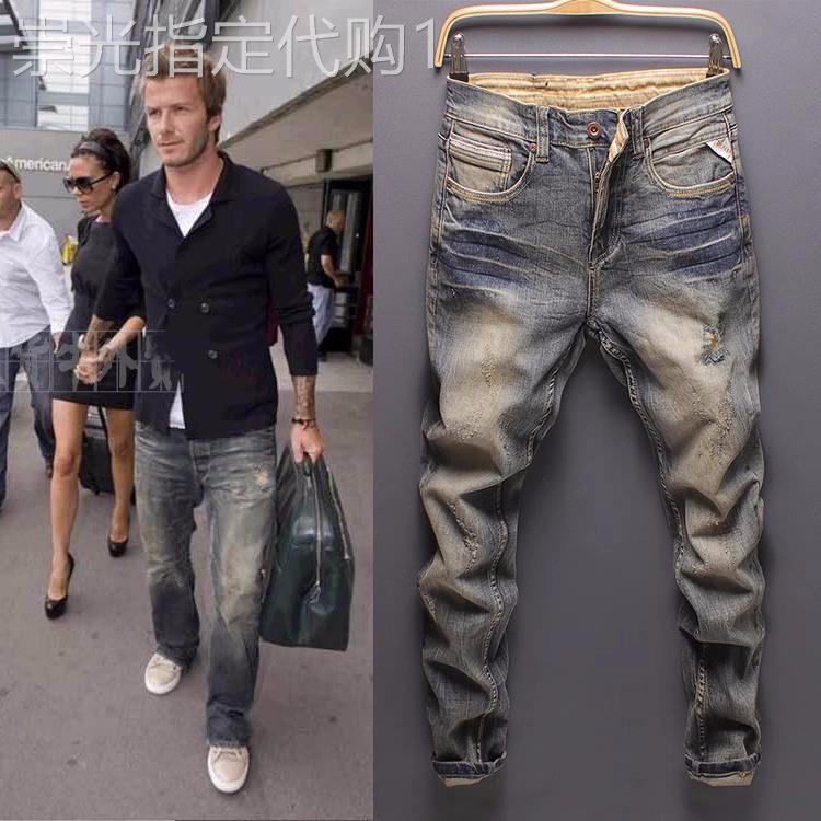 香港潮牌覆古蓝色牛仔裤男士春季修身小直筒刮烂做旧青年弹力长裤