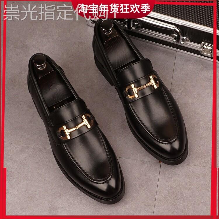 马衔扣皮鞋男尖头韩版潮流内增高一脚蹬男鞋发型师个性鳄鱼纹潮鞋