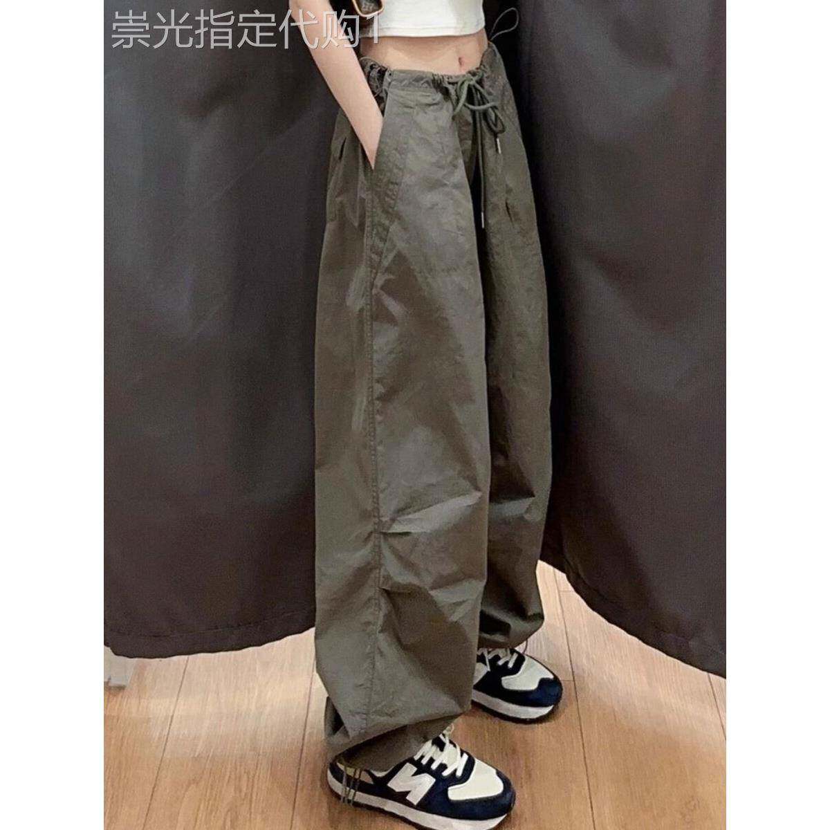 军绿色女式工作服夏季快干美国高街口袋宽松运动裤高腰修身阔腿裤