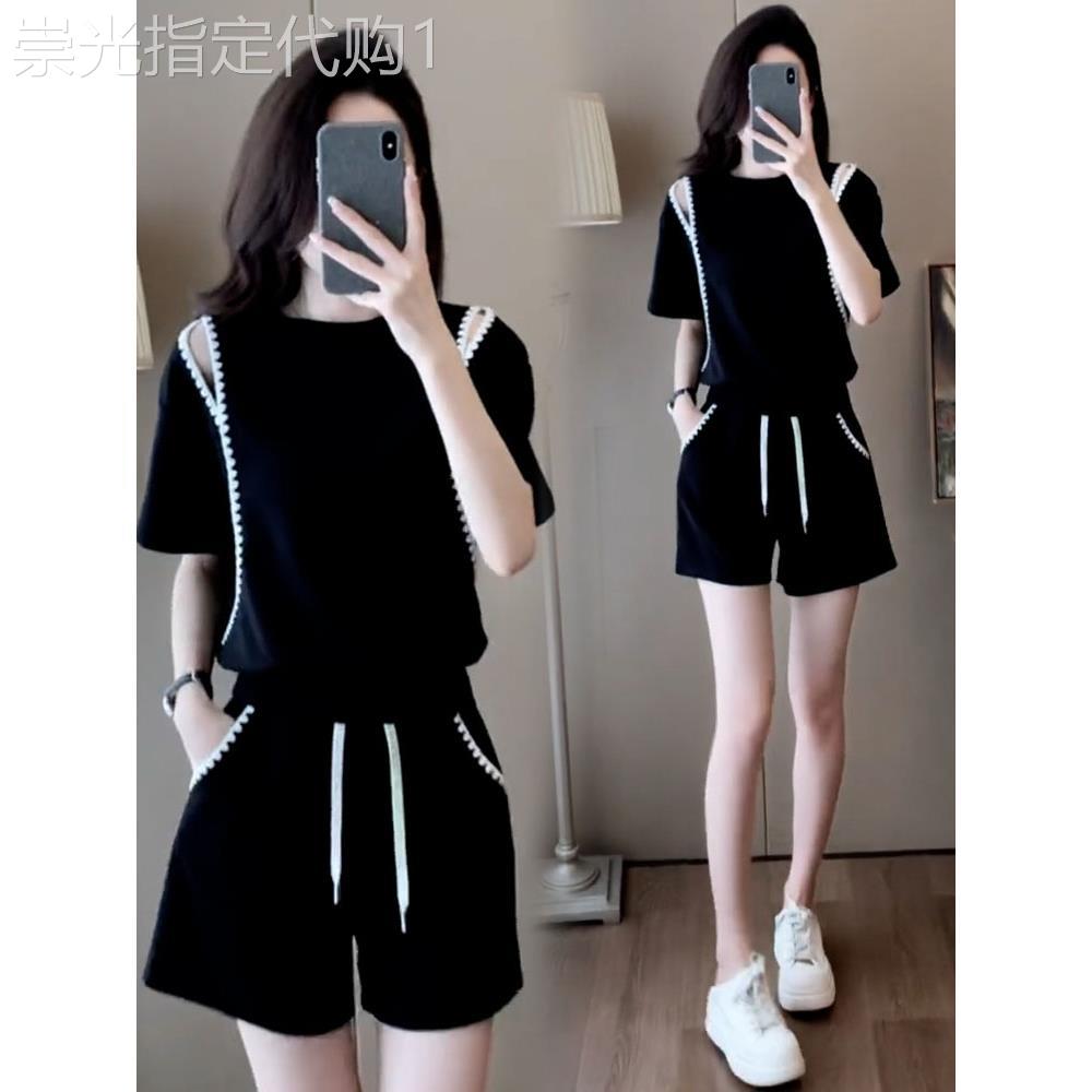 egmg休闲运动服套装女夏季2026新款露肩短袖小个子高腰短裤两件套