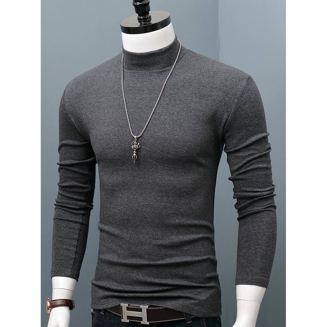 Home Daily~纯棉半高领长袖打底衫男修身纯色t恤百搭男士保暖秋衣