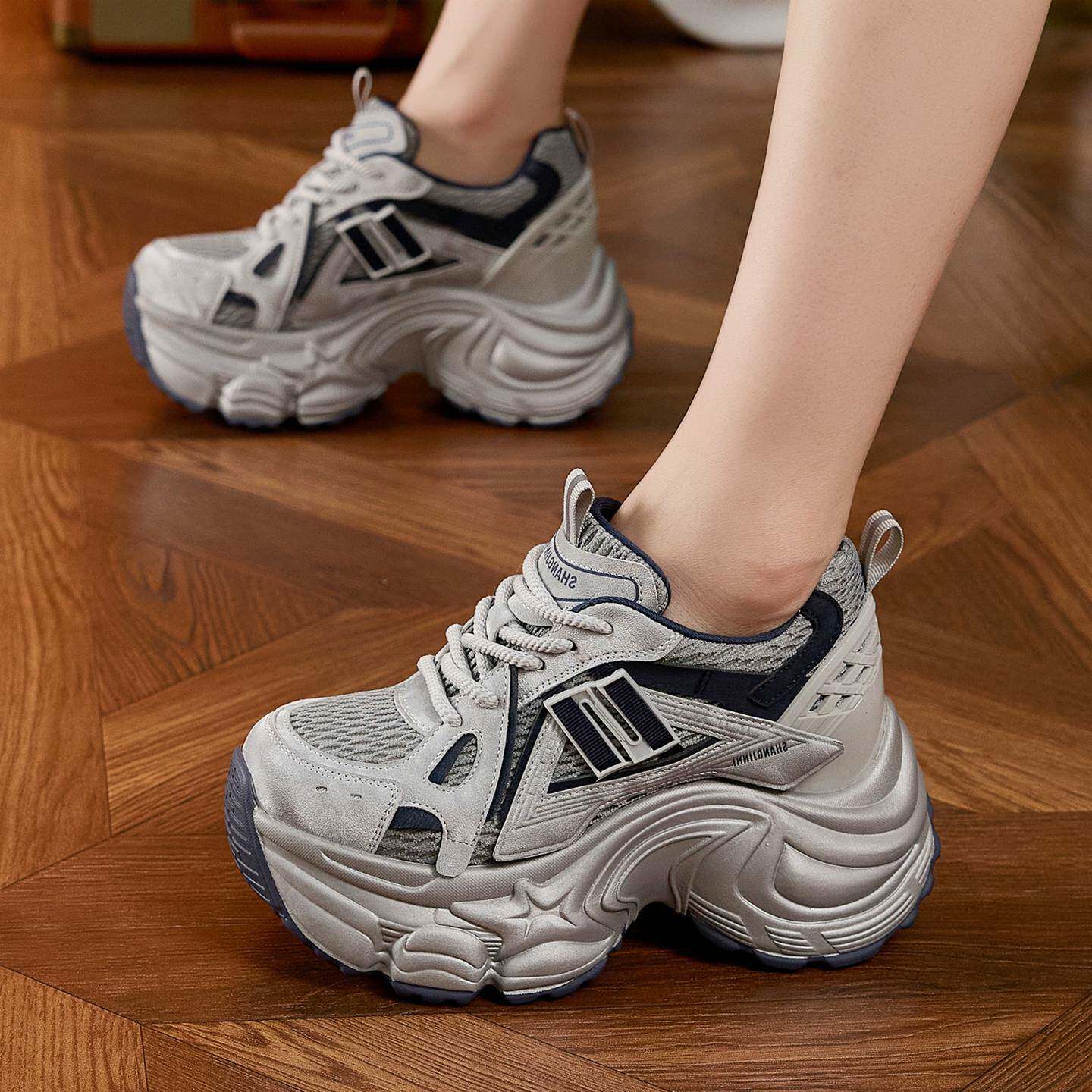 香港灰色厚底内增高老爹鞋女款真皮2025年新款秋季8cm小个子