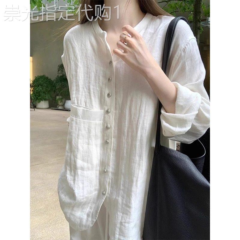 新中式白色亚麻防晒衬衫外套女夏早秋国风衬衫清冷感薄款棉麻上衣