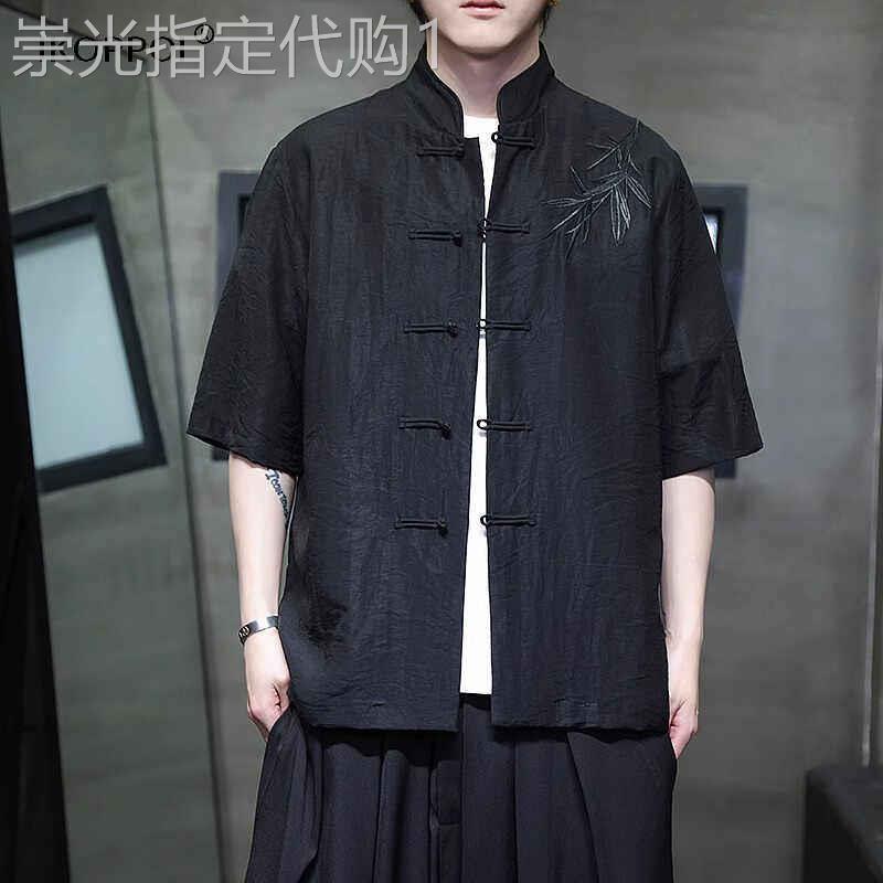 轻奢中国风刺绣棉麻衬衫男短袖夏季新中式复古唐装亚麻居士服男装