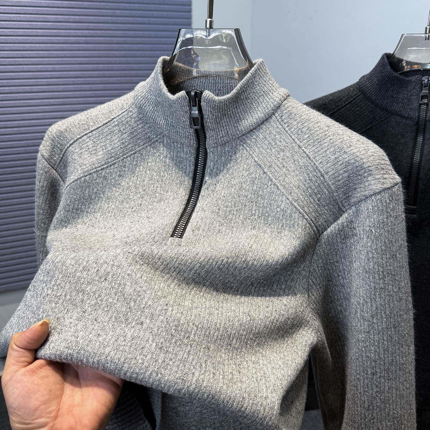 MAROLIO~高端半拉链加绒卫衣男冬季纯色休闲半高领加厚针织打底衫