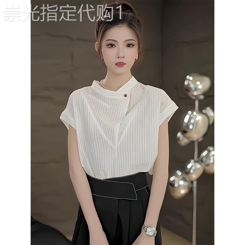 高级感条纹短袖衬衫女夏季设计感小众2025新款法式时尚显瘦衬衣女