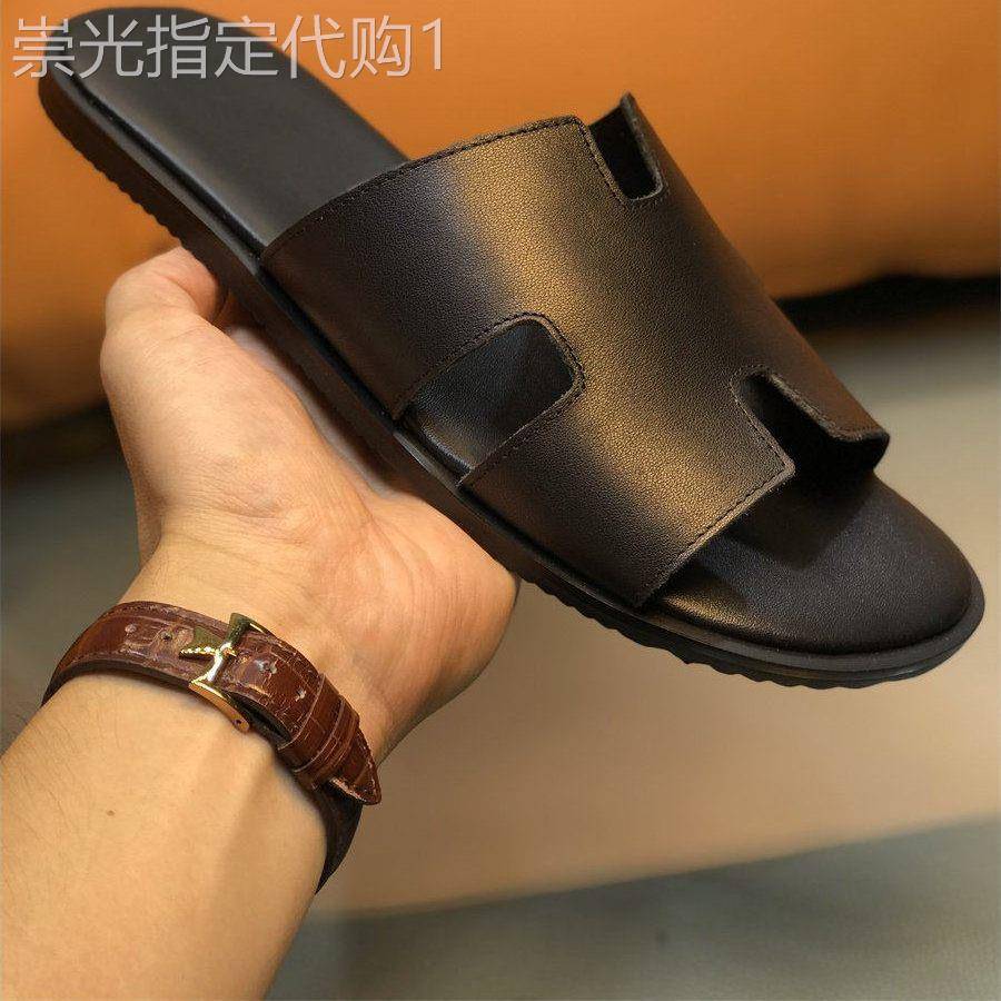 香港真皮夏季拖鞋男一字拖把头层牛皮男士室外穿沙滩凉鞋大尺码男