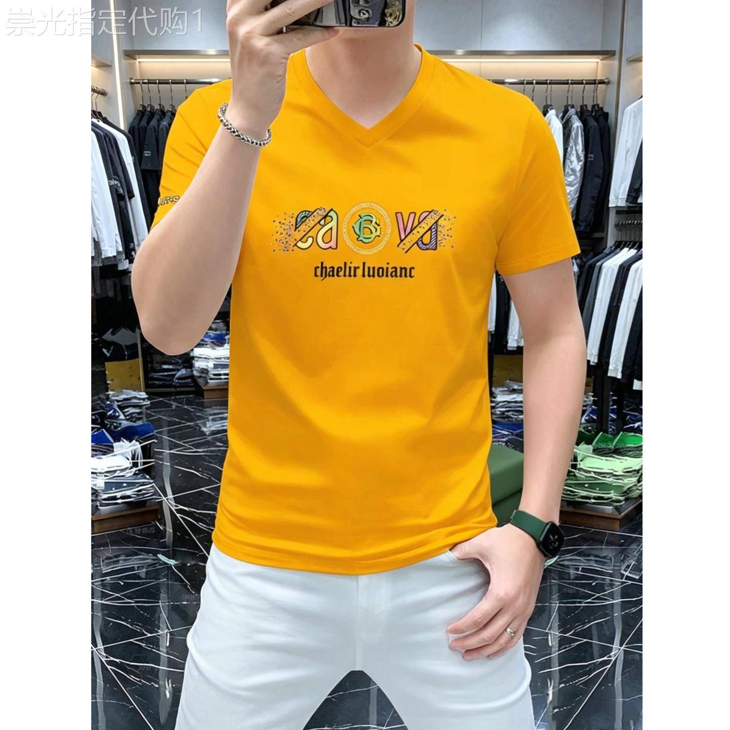 香港潮牌新款V领短袖T恤男士夏丝光棉修身休闲印花冰丝薄款上衣服