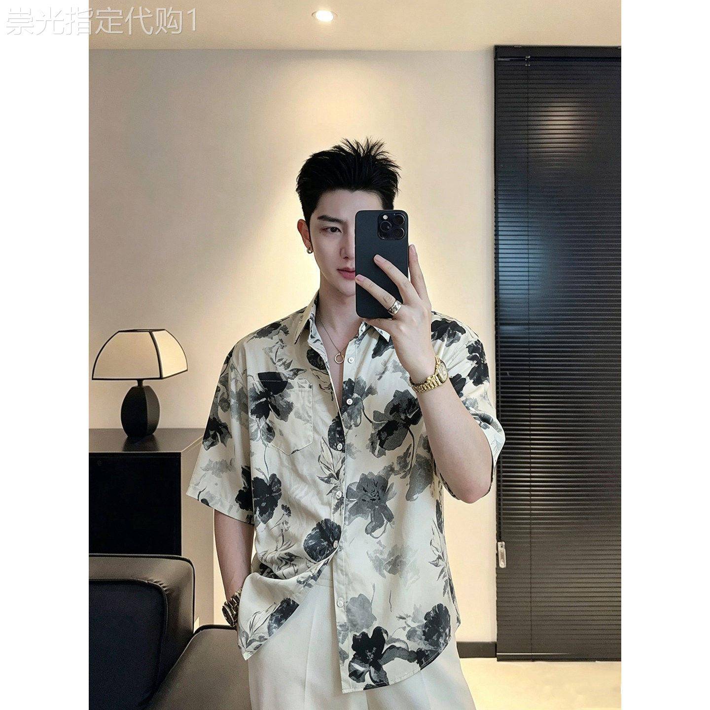 潮牌季高级感痞帅气质上衣男士夏季新中式墨色晕染宽松短袖花衬衫