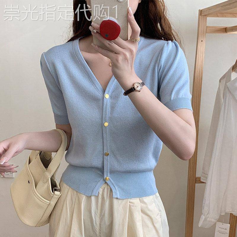 法式V领短袖针织开衫女夏季薄款2026年新款韩版时尚百搭上衣小衫