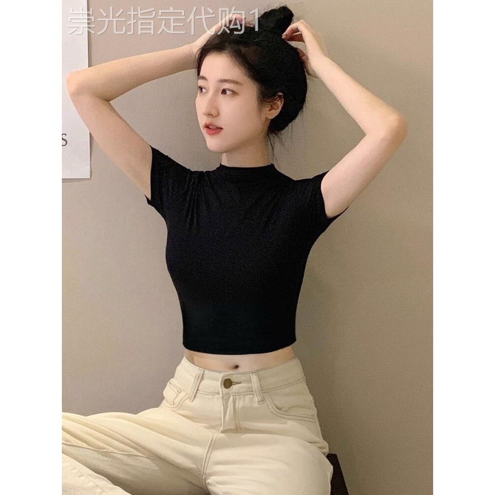 黑色小立领短袖t恤女夏季修身显瘦棉质T恤紧身高腰短款露脐上衣