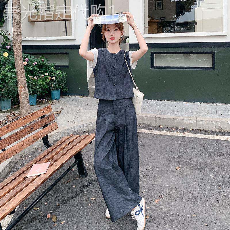深灰色薄款牛仔套装女2026新款夏季休闲气质通勤马甲阔腿裤三件套