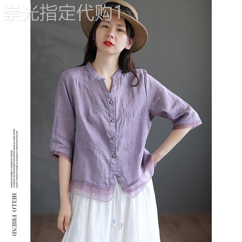 文艺刺绣苎麻V领短袖衬衫女夏季2026新款衬衣休闲拼接欧根纱上衣