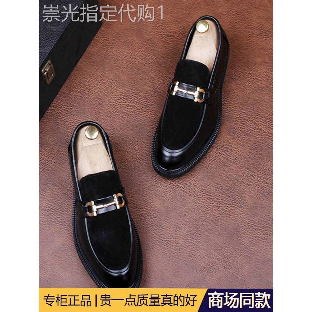高端真皮马衔扣乐福鞋男士尖头皮鞋磨砂翻毛皮内增高休闲鞋一脚蹬