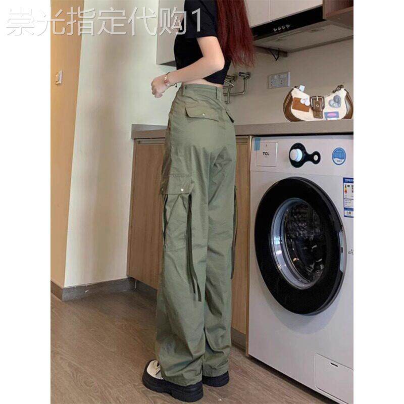 军绿色工装裤女夏季新款美式高腰显瘦直筒裤高个子加长拖地机能裤