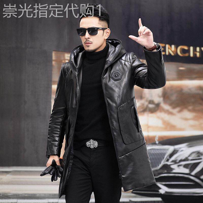 秋冬皮羽绒服男绵羊皮风衣中长版连帽皮衣真皮夹克修身皮大衣外套