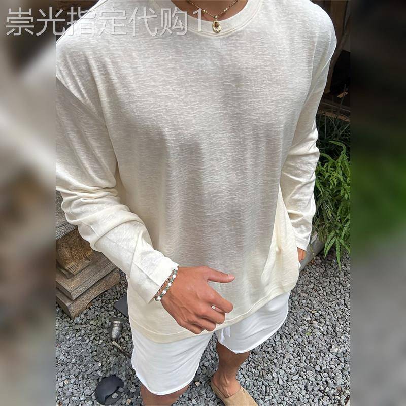 轻奢慵懒风长袖T恤防晒罩衫男款春季轻薄透气内搭打底衫度假上衣
