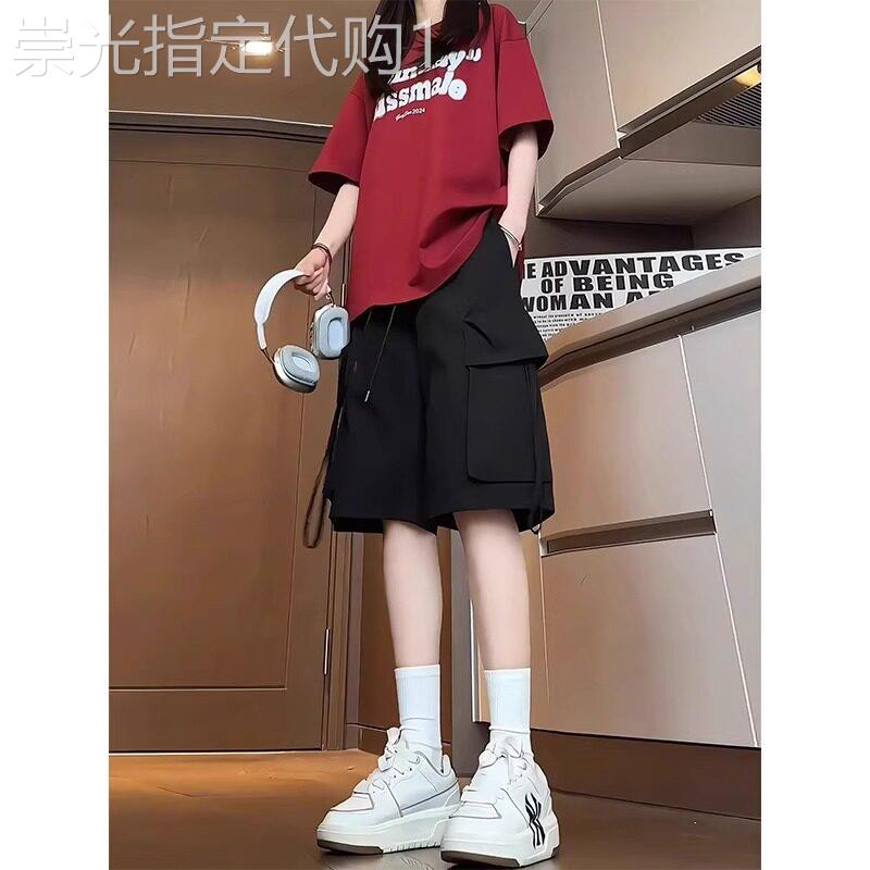 黑色大口袋美式工装短裤女夏季宽松高腰运动五分巨好看百搭的裤子