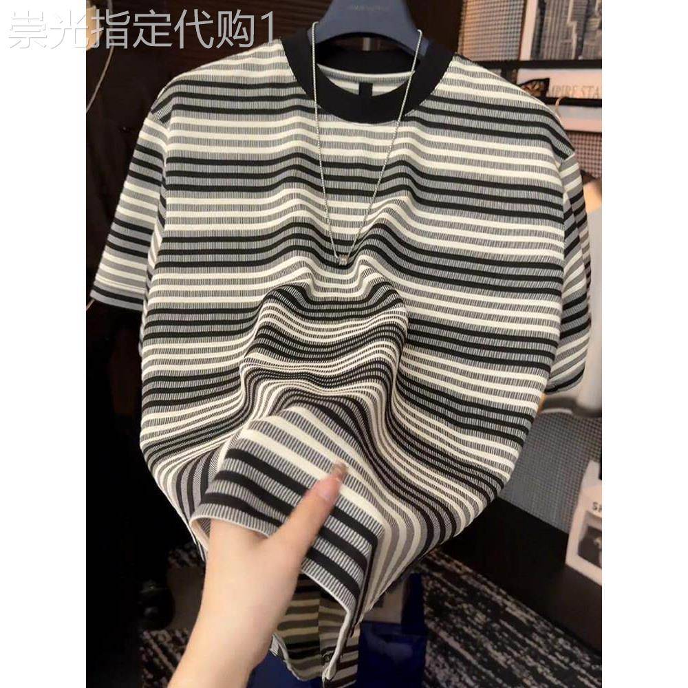 潮牌高端条纹拼色短袖圆领T恤男士夏季痞帅高级感宽松半截袖上衣
