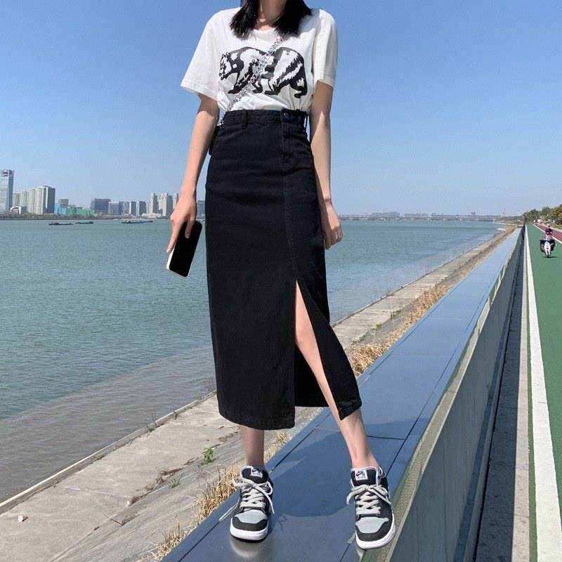 牛仔半身裙女夏季欧货爆款黑色高腰不规则开叉中长款包臀a字裙子